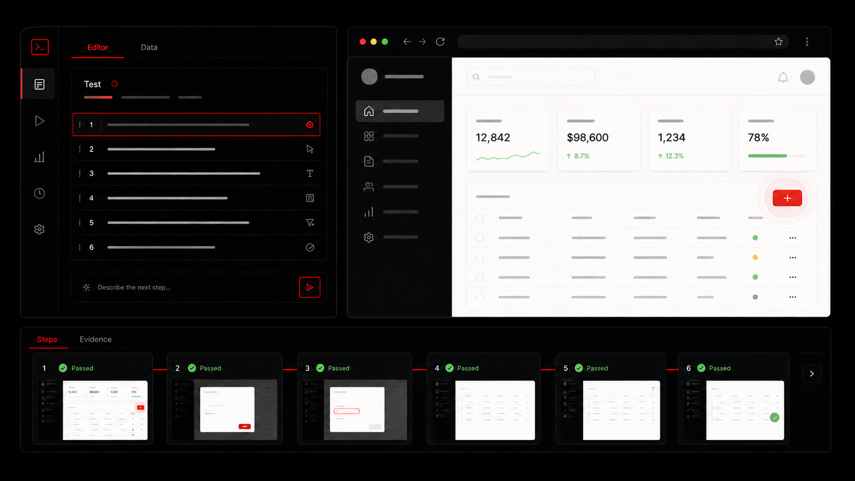 TestPilot interface with a natural-language editor, controlled browser, professional cursor, and evidence timeline
